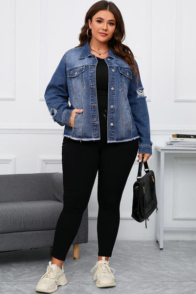 Dark Blue Plus Size Distressed Flap Pocket Denim Jacket-Plus Size-MomFashion