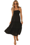 Black Tie Strap Smocked Frill Tiered Midi Dress-Dresses-MomFashion