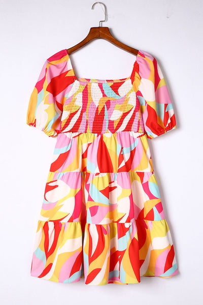 Multicolor Geometric Print Smocked Babydoll Mini Dress-Dresses-MomFashion