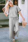 Gray Textured Loose Fit T Shirt and Drawstring Pants Set-Loungewear-MomFashion