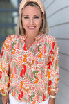 Orange Printed Floral Abstract Print Frilled V Neck Plus Size Blouse-Plus Size-MomFashion