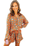 Orange Leopard Print Long Sleeve Shirt and Shorts Pajama Set-Loungewear & Sleepwear/Sleepwear-MomFashion