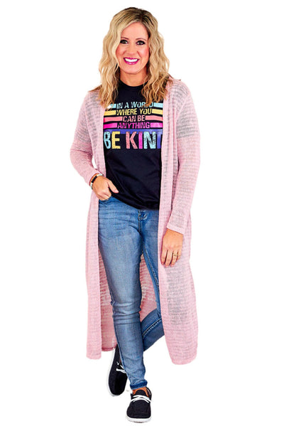 Pink Sheer Knitted Long Side Slit Plus Size Cardigan-Plus Size-MomFashion