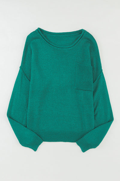 Green Solid Color Off Shoulder Rib Knit Sweater with Pocket-Tops-MomFashion