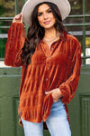 Brown Solid Color Textured Velvet Button Up Shirt-Tops-MomFashion