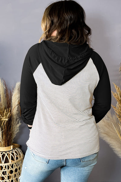 Black Striped Raglan Sleeve Buttoned Pocket Plus Size Hoodie-Plus Size-MomFashion