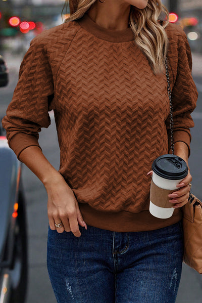 Chestnut Solid Textured Raglan Sleeve Pullover Sweatshirt-Tops-MomFashion