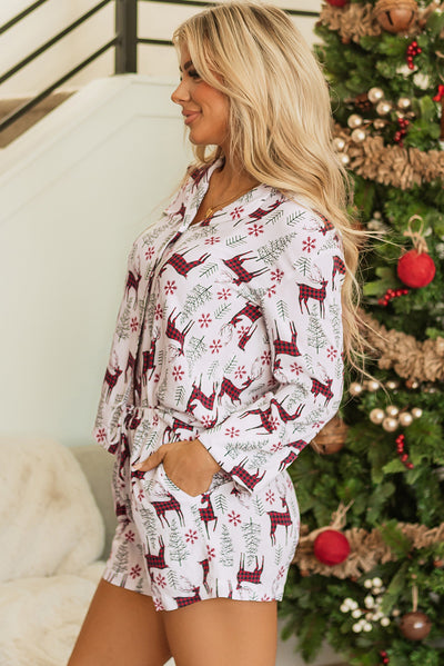 White Christmas Deer Printed Shirt and Shorts Lounge Set-Loungewear & Sleepwear/Sleepwear-MomFashion