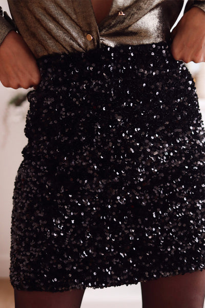 Black Sequin Bodycon Mini Skirt-Bottoms-MomFashion