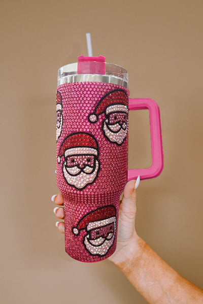 Rose Red Christmas Santa Claus Diamond Thermos Cup with Straw-Accessories-MomFashion