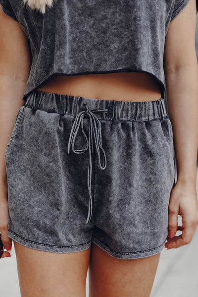 Black Acid Washed Short Lounge Set-Loungewear-MomFashion