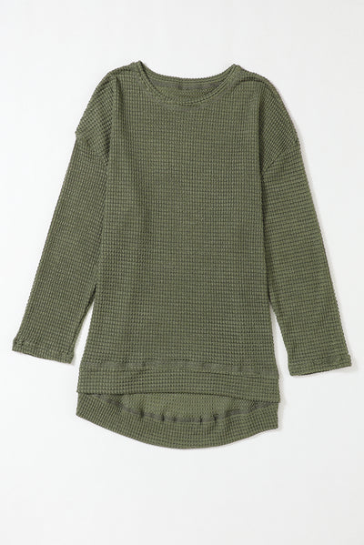 Green Waffle Knit High Slits Oversized Top-Tops-MomFashion