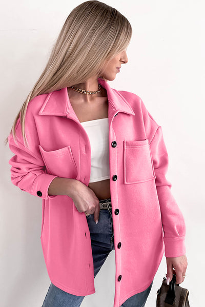 Pink Solid Color Pocketed Button up Long Sleeve Shacket-Outerwear-MomFashion