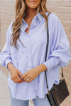 Sky Blue Smocked Cuffed Striped Boyfriend Shirt with Pocket-Tops-MomFashion