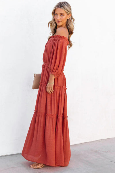 Orange Off Shoulder Balloon Sleeve Cutout Ruffled Maxi Dress-Dresses-MomFashion