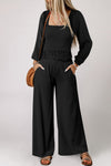 Black Square Neck Smocked Peplum Top and Pants Set-Loungewear-MomFashion