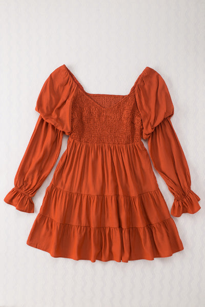 Brown Boho Solid Shirred Ruffle Mini Dress-Dresses-MomFashion