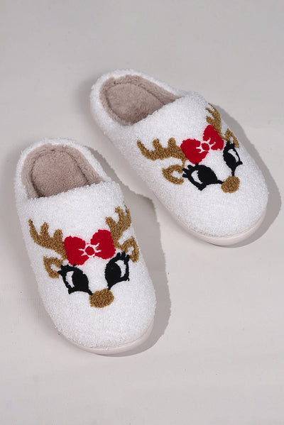 White Christmas Cartoon Pattern Plush Slippers-Shoes & Bags-MomFashion