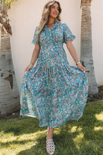 Sky Blue Paisley Print Boho Holiday Ruffle Tiered Maxi Dress-Dresses-MomFashion