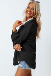 Black Waffle Knit Button Up Casual Shirt-Tops-MomFashion