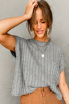 Gray Crew Neck Cable Knit Short Sleeve Sweater-Tops-MomFashion