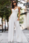 Beige Spaghetti Straps Pleated High Waist Wide Leg Jumpsuit-Bottoms-MomFashion