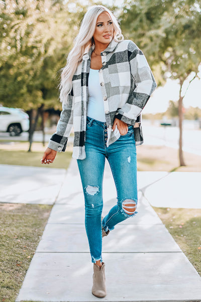 Gray Plaid Color Block Buttoned Long Sleeve Jacket with Pocket-Outerwear-MomFashion