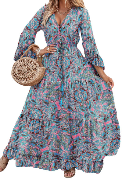 Paisley Printed Ruffle Trim Elegant Maxi Dress-Dresses-MomFashion