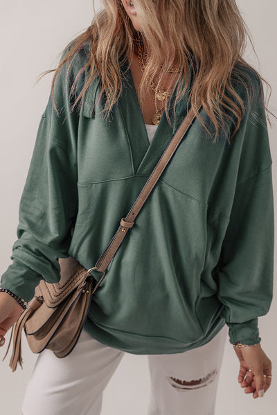 Sea Green Casual V Neck Drawstring Hoodie-Tops-MomFashion