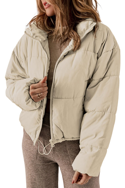 Apricot Zip Up Drawstring Hem Puffer Coat-Outerwear-MomFashion