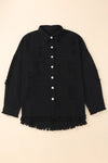 Black Distressed Fringe Trim Denim Jacket-Outerwear-MomFashion