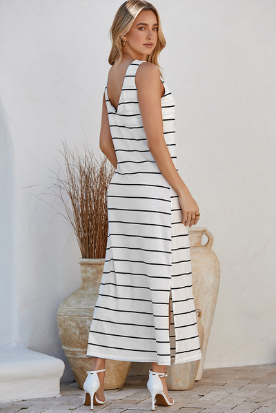 White Stripe Print Open Back Sleeveless Maxi Dress with Slits-Dresses-MomFashion