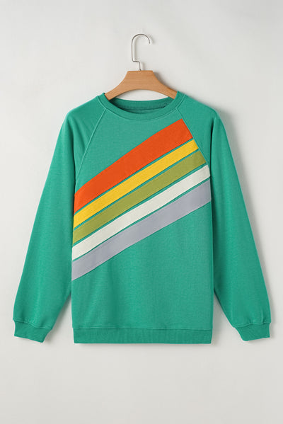 Mint Green Rainbow Colorblock Striped Pullover Sweatshirt-Tops/Sweatshirts & Hoodies-MomFashion