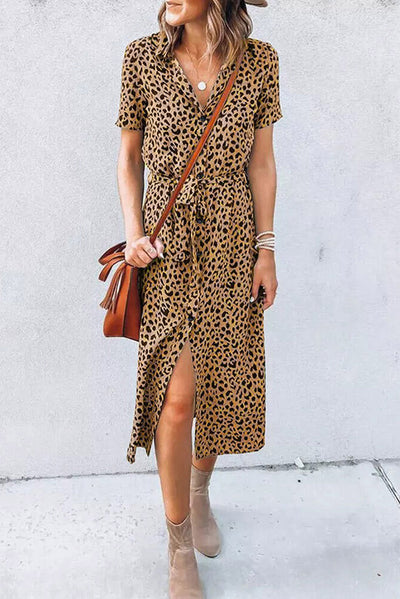 Khaki Leopard Turn-Down Collar Slit Midi Dress-Dresses-MomFashion