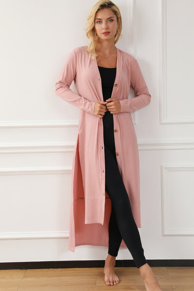 Pink Ribbed Button-Up Split Duster Cardigan-Tops-MomFashion