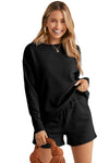 Black Textured Long Sleeve Top and Drawstring Shorts Set-Loungewear-MomFashion