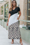 Black Leopard Color Block Side Slit T Shirt Maxi Dress-Dresses-MomFashion