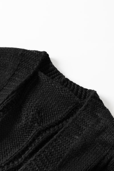 Black Ribbed Trim Eyelet Cable Knit Cardigan-Tops-MomFashion