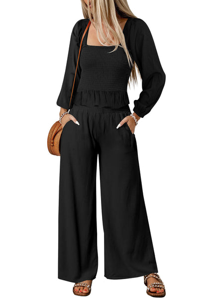 Black Square Neck Smocked Peplum Top and Pants Set-Loungewear-MomFashion