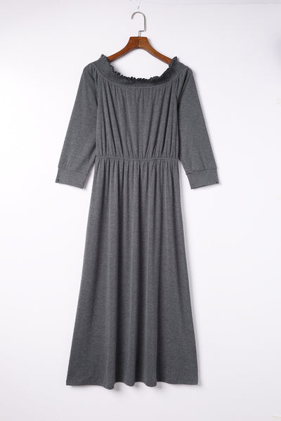 Gray Shirred Off Shoulder Maxi Dress with Split-Dresses-MomFashion