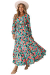 Multicolor Bohemia Print V Neck Ruffle Long Sleeve Maxi Dress-Dresses-MomFashion