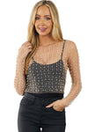 Apricot Pearl and Rhinestone Detail Sheer Mesh Top-Tops-MomFashion