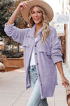 Purple Plush Button Down Pocketed Shirt Jacket-Outerwear-MomFashion