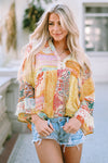 Multicolor Paisley Print Bell Sleeve Lace V-Neck Button Sheer Blouse-Tops-MomFashion