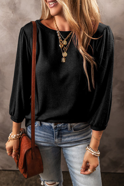 Black Solid Color 3/4 Sleeve Round Neck Blouse-Tops-MomFashion