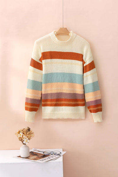 Crew Neck Drop-shoulder Striped Color Block Sweater-Tops-MomFashion