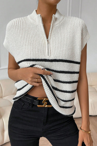 White Stripe Half Zip Split Stand Neck Sweater T-shirt-Tops-MomFashion