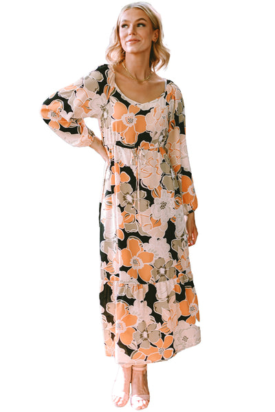 Tie Waist Puff Sleeve Bold Floral Maxi Dress-Dresses-MomFashion