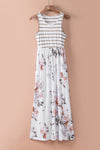 White Striped Floral Print Sleeveless Maxi Dress with Pocket-Dresses-MomFashion