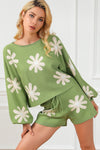 Green Flower Print Bubble Sleeve Knitted Sweater and Shorts Set-Loungewear-MomFashion